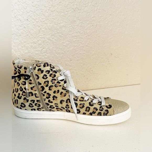 LEATHER CROWN MID TOPS in leopard print and gold metallic leather. New - Picture 10 of 14